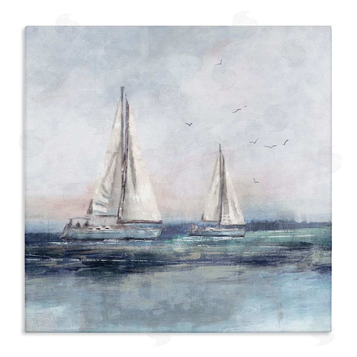 Nina Blue Birds Surrounding Sailboats Ocean Waves Stretched Canvas Wall Art Print