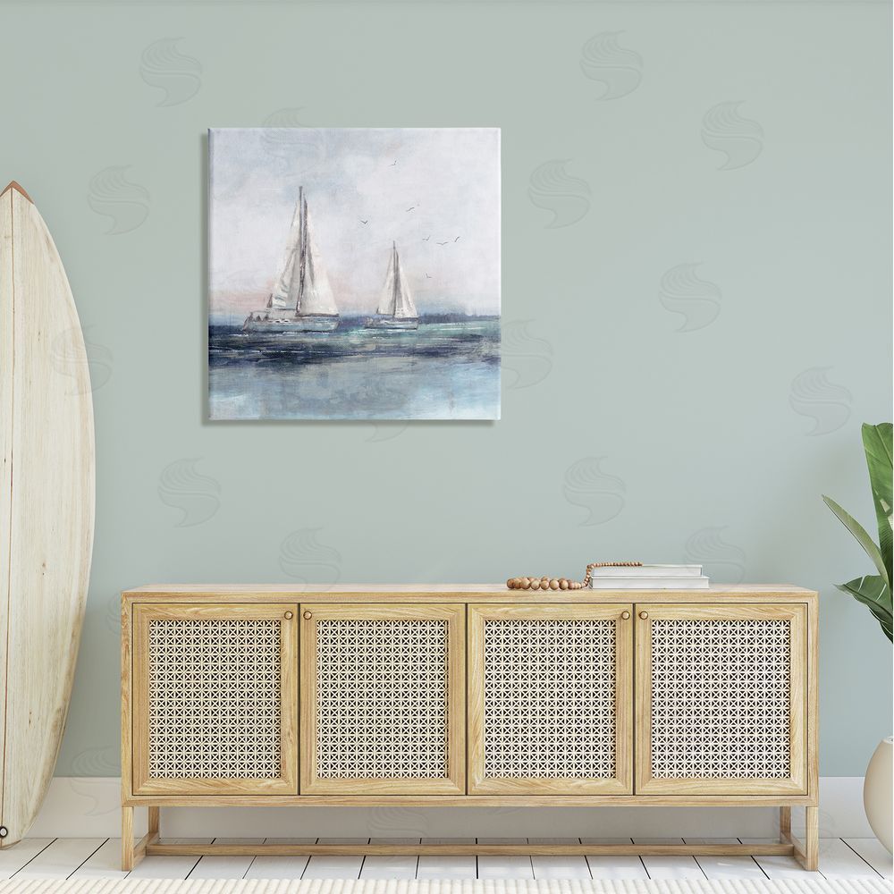Nina Blue Birds Surrounding Sailboats Ocean Waves Canvas Wall Art in Room