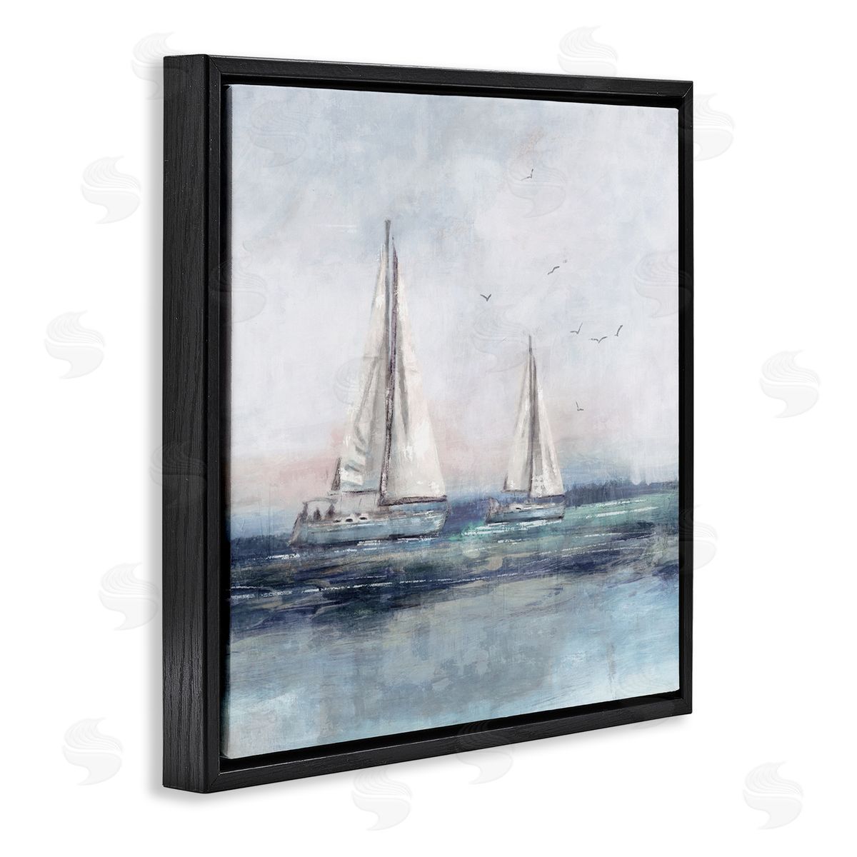 Nina Blue Birds Surrounding Sailboats Ocean Waves Black Floating Frame Canvas Wall Art Print