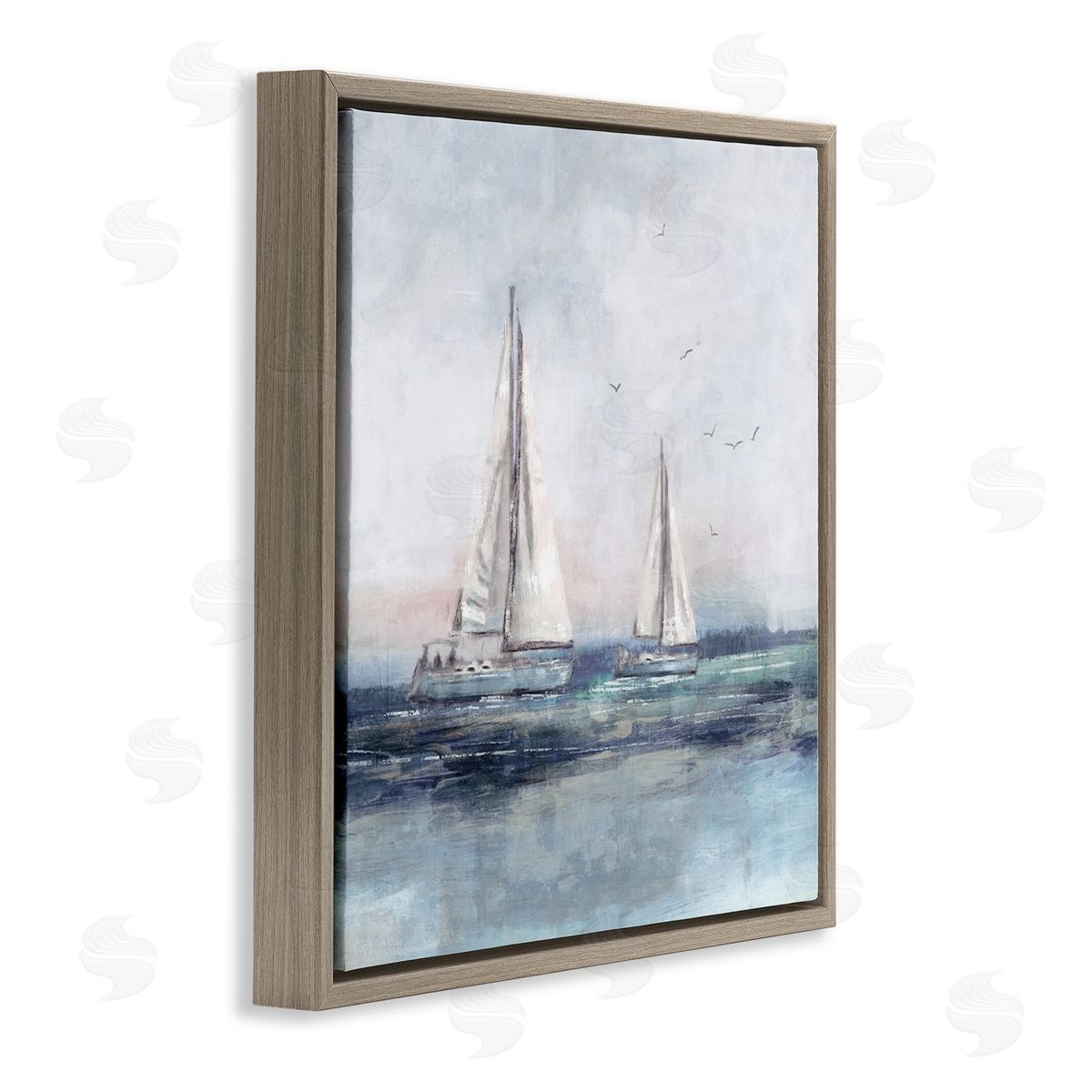 Nina Blue Birds Surrounding Sailboats Ocean Waves Brown Floating Frame Canvas Wall Art Print