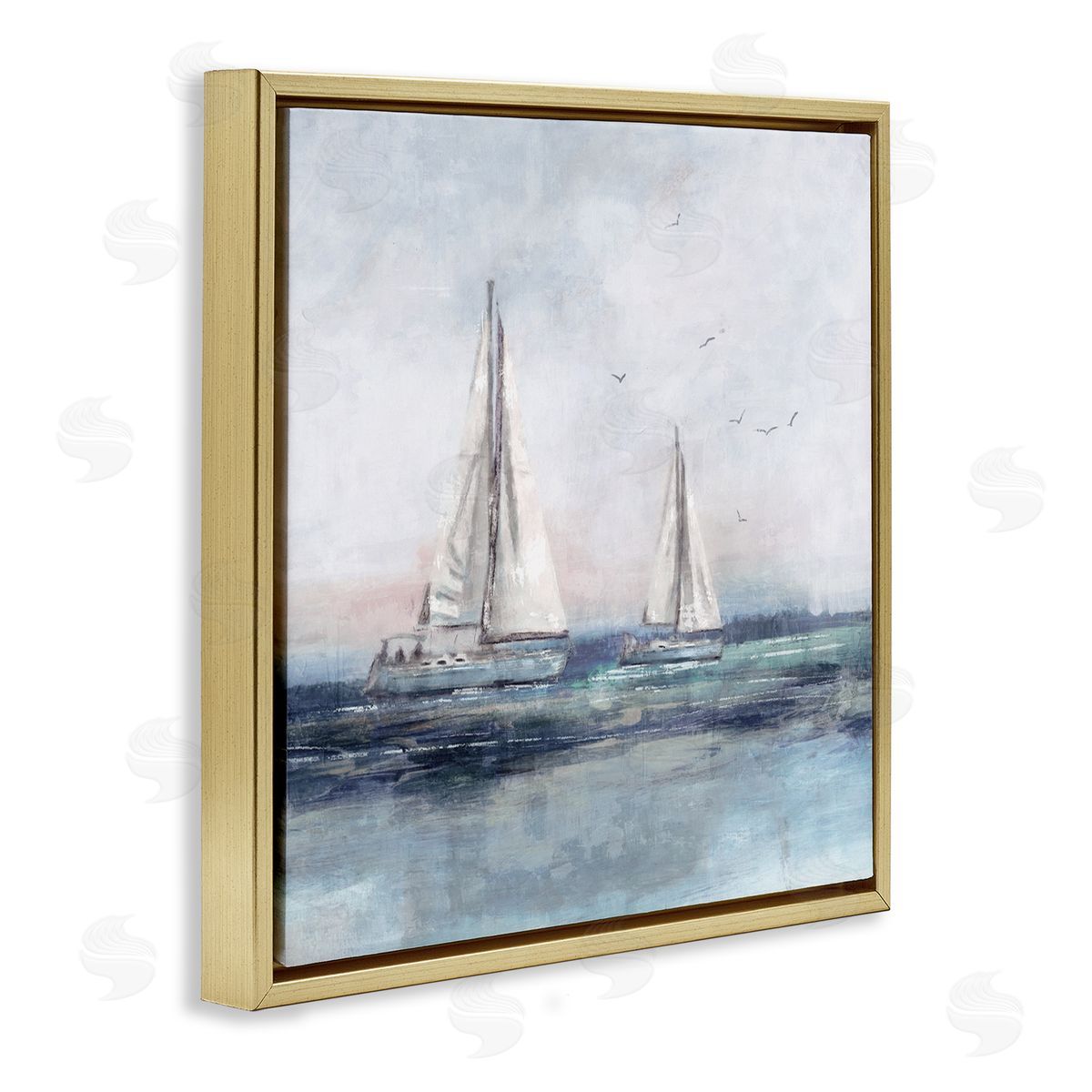 Nina Blue Birds Surrounding Sailboats Ocean Waves Gold Floating Frame Canvas Wall Art Print