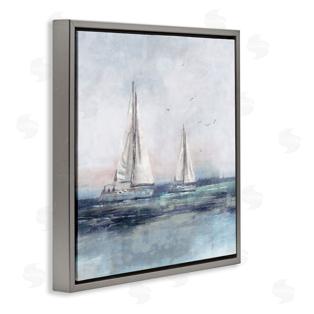 Nina Blue Birds Surrounding Sailboats Ocean Waves Gray Floating Frame Canvas Wall Art Print