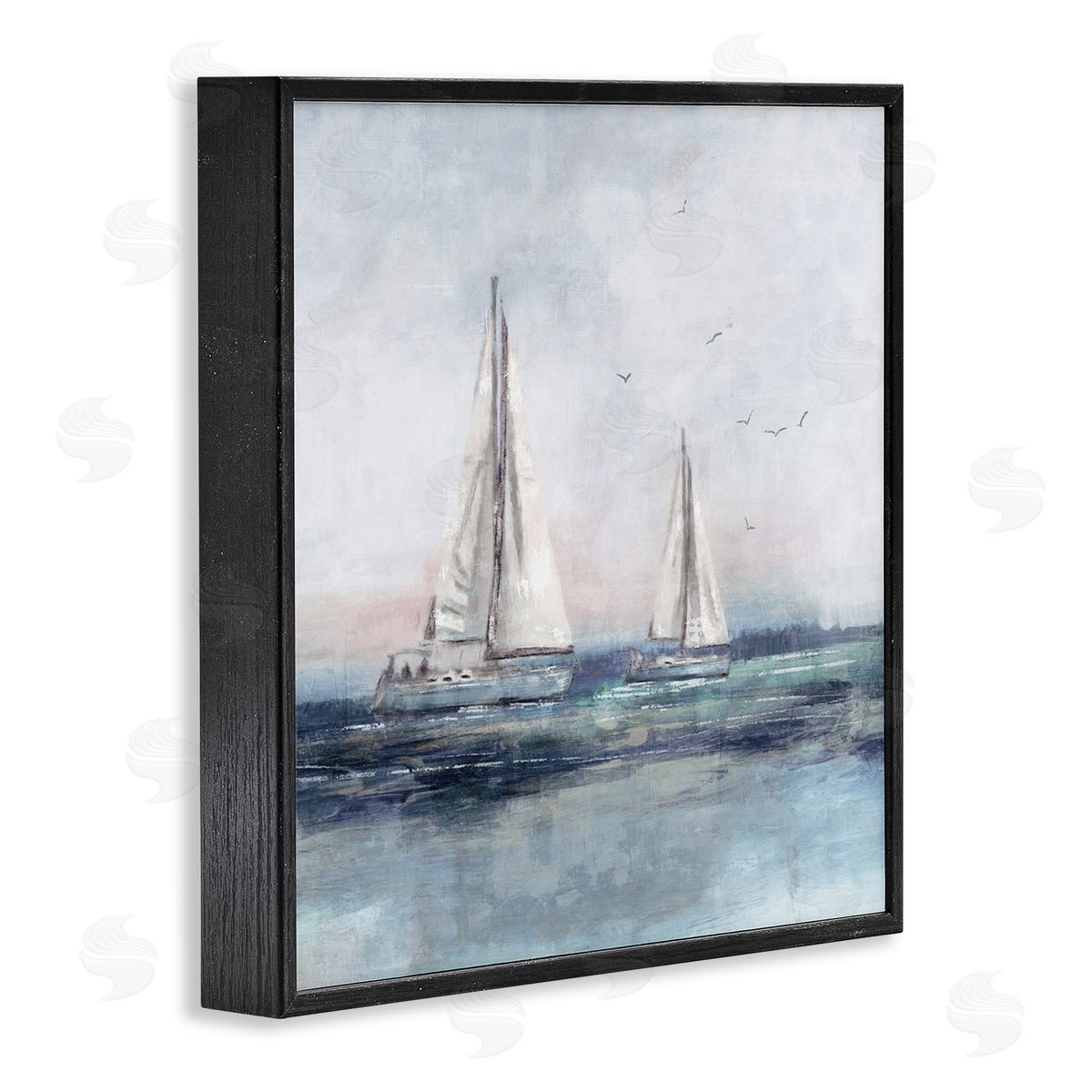 Nina Blue Birds Surrounding Sailboats Ocean Waves Black Framed Glicee Wall Art Print