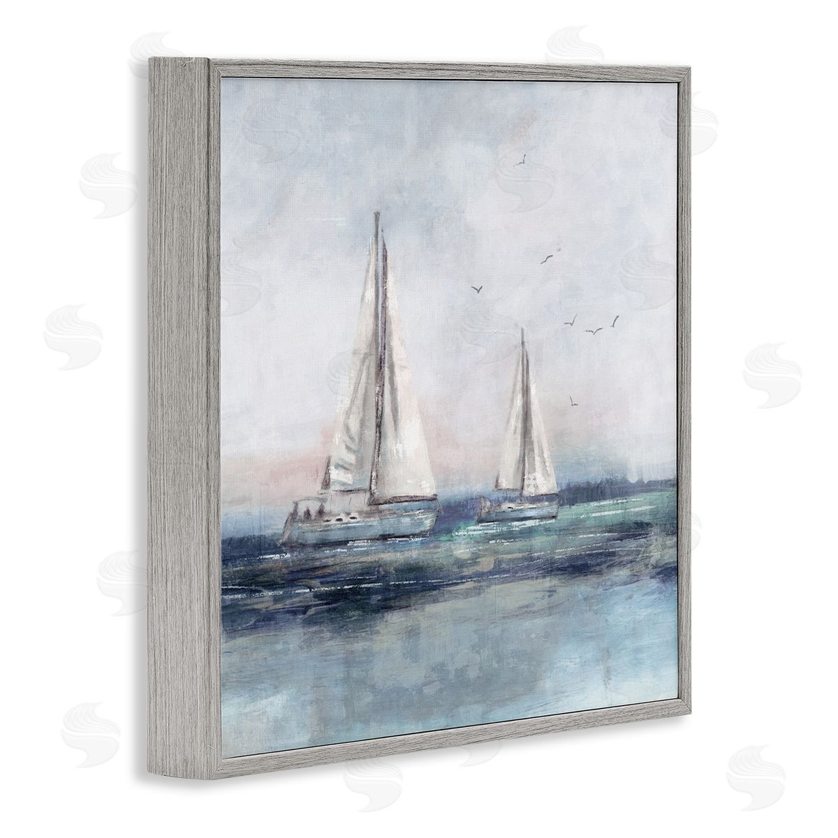 Nina Blue Birds Surrounding Sailboats Ocean Waves Gray Framed Glicee Wall Art Print