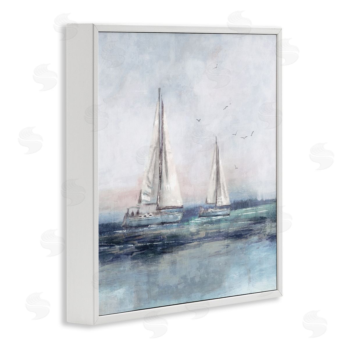 Nina Blue Birds Surrounding Sailboats Ocean Waves White Framed Glicee Wall Art Print