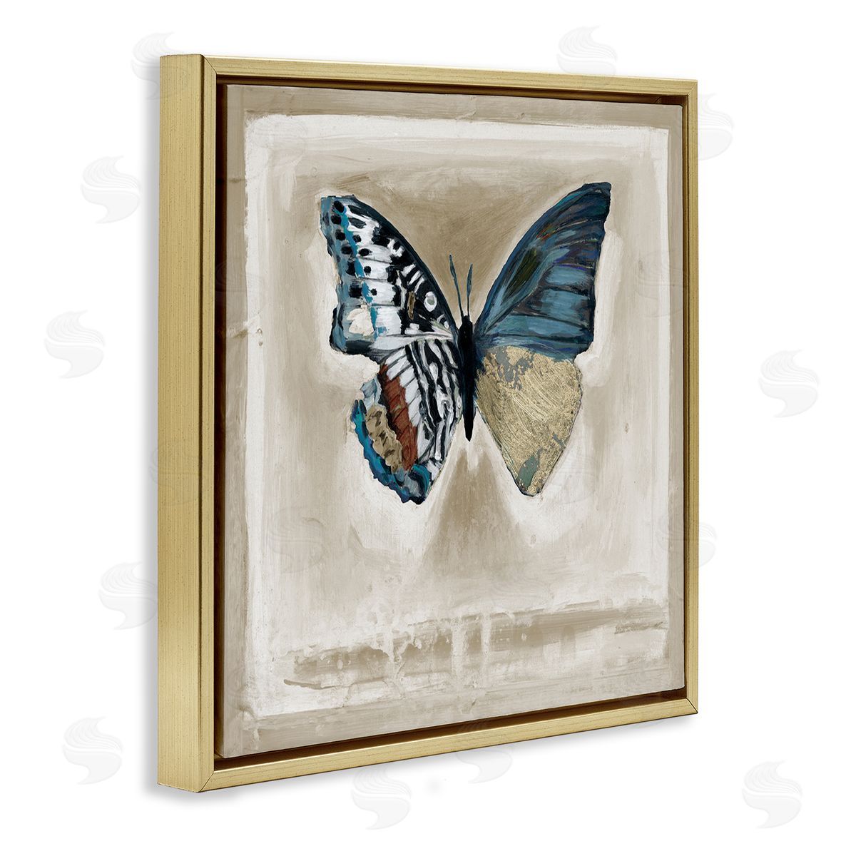 Stacy D'Aguiar Asymmetrical Butterfly Neutral Border Gold Floating Frame Canvas Wall Art Print