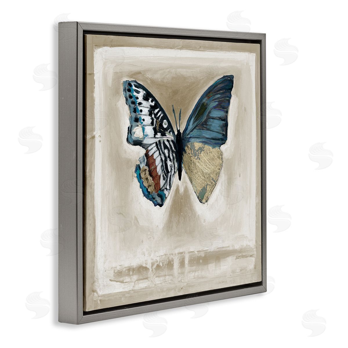 Stacy D'Aguiar Asymmetrical Butterfly Neutral Border Gray Floating Frame Canvas Wall Art Print