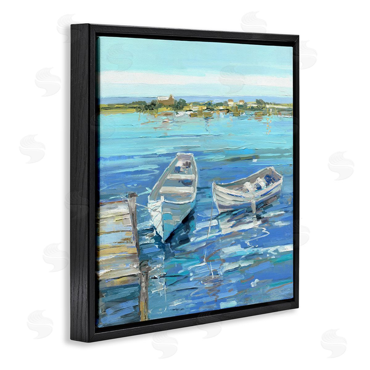 Serene Rowboats at Dock Black Floating Frame Canvas Wall Art, Home Decor by Sally Swatland