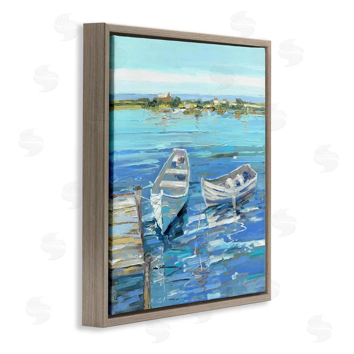 Serene Rowboats at Dock Brown Floating Frame Canvas Wall Art, Home Decor by Sally Swatland