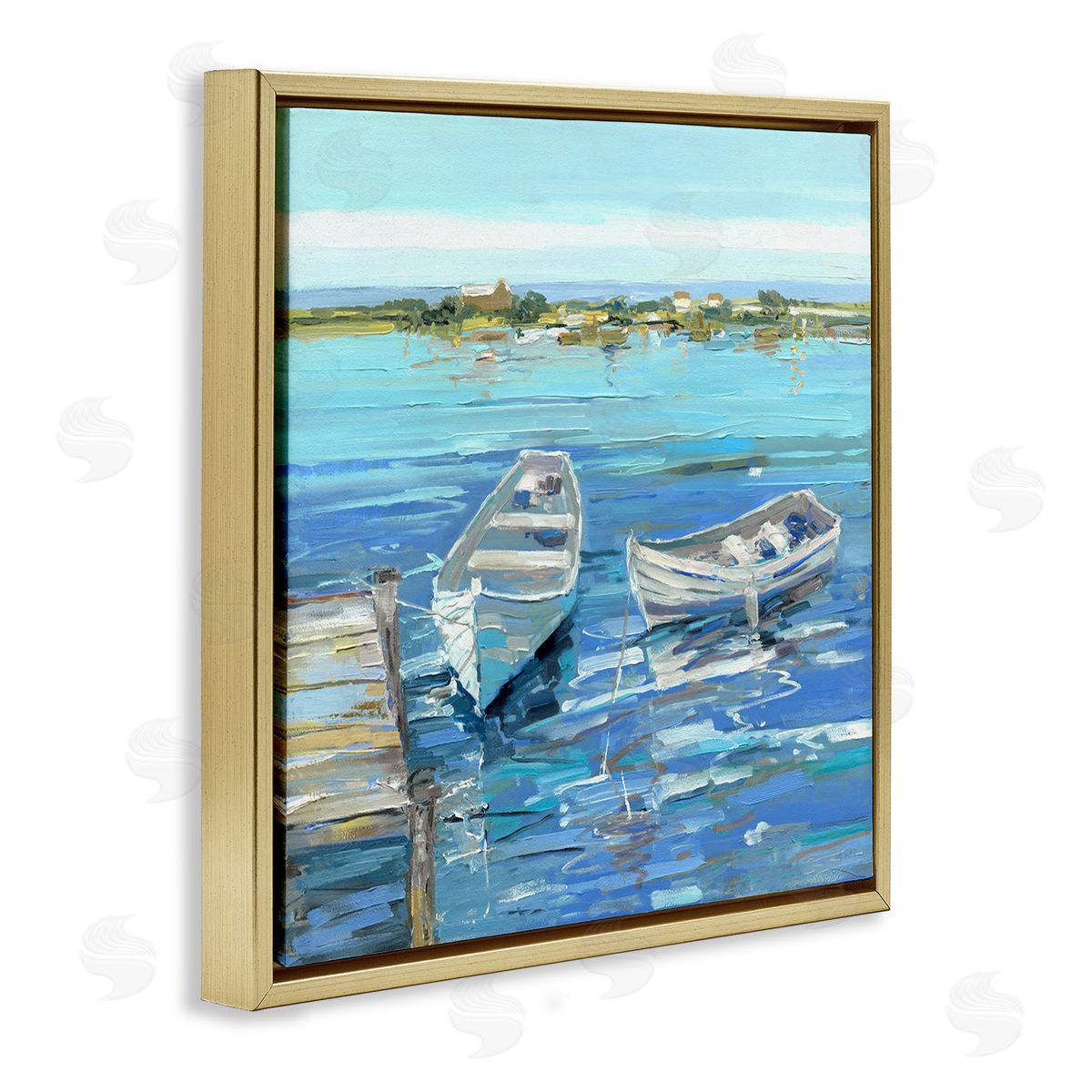 Serene Rowboats at Dock Gold Floating Frame Canvas Wall Art, Home Decor by Sally Swatland