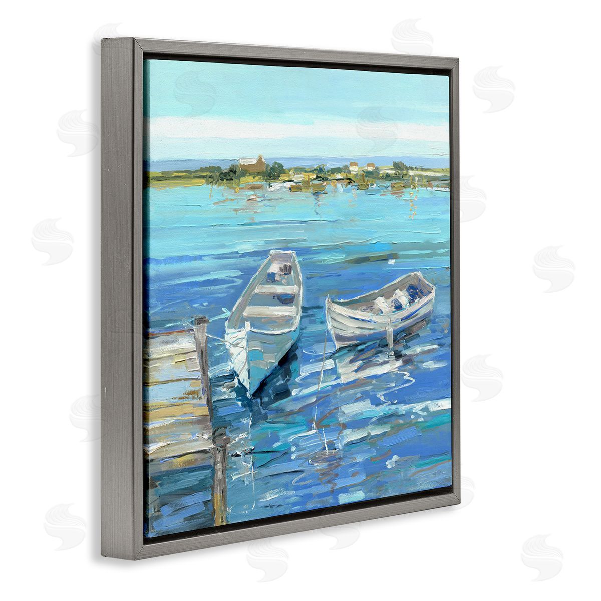 Serene Rowboats at Dock Grey Floating Frame Canvas Wall Art, Home Decor by Sally Swatland