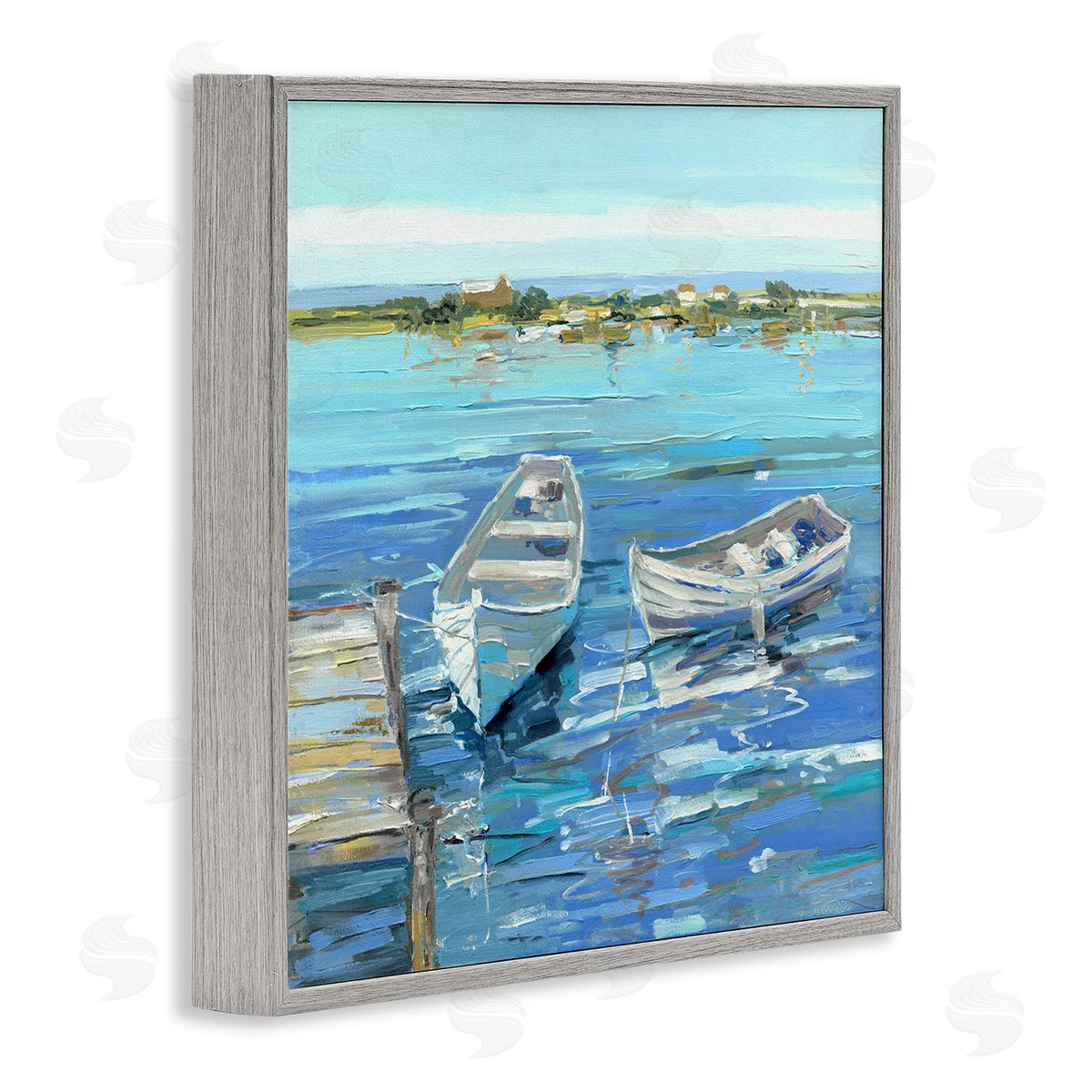 Serene Rowboats at Dock Grey Frame Print Wall Art, Home Decor by Sally Swatland