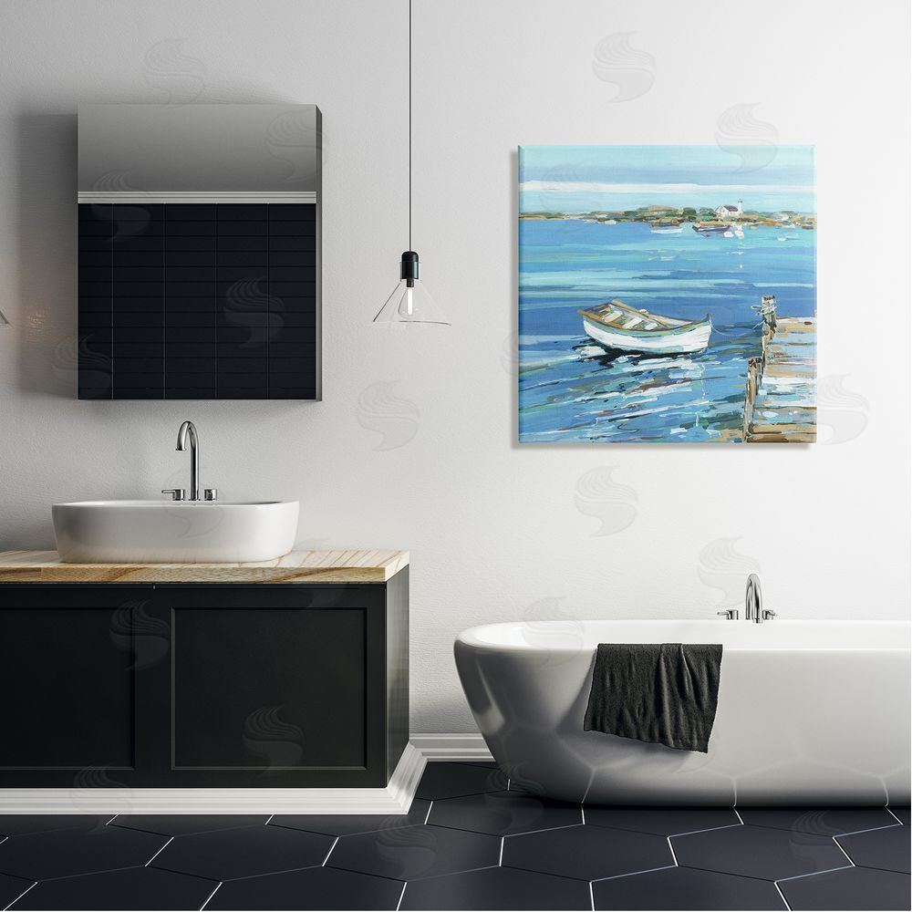 Sally Swatland Docked Dinghy Lake Scenery Canvas Wall Art in Room