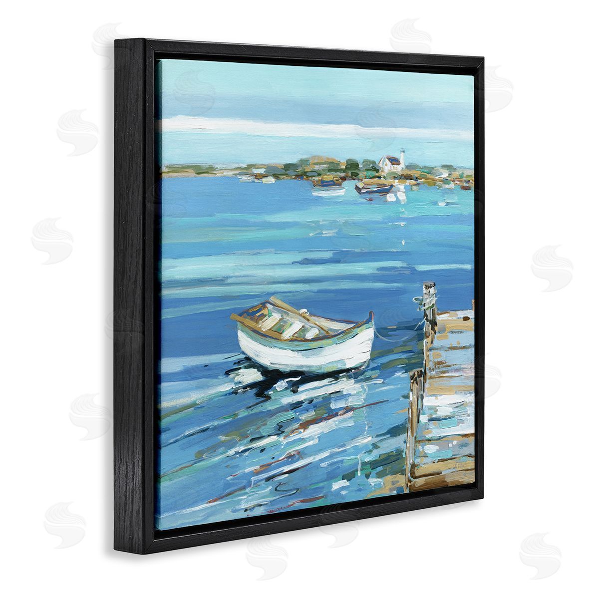 Sally Swatland Docked Dinghy Lake Scenery Black Floating Frame Canvas Wall Art Print