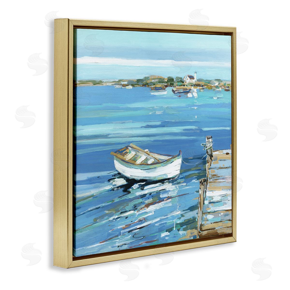Sally Swatland Docked Dinghy Lake Scenery Gold Floating Frame Canvas Wall Art Print
