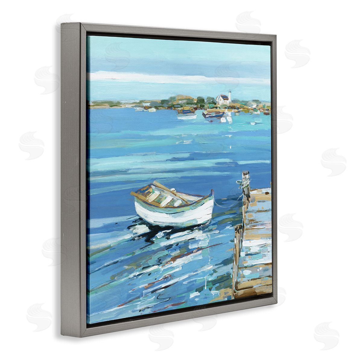 Sally Swatland Docked Dinghy Lake Scenery Gray Floating Frame Canvas Wall Art Print