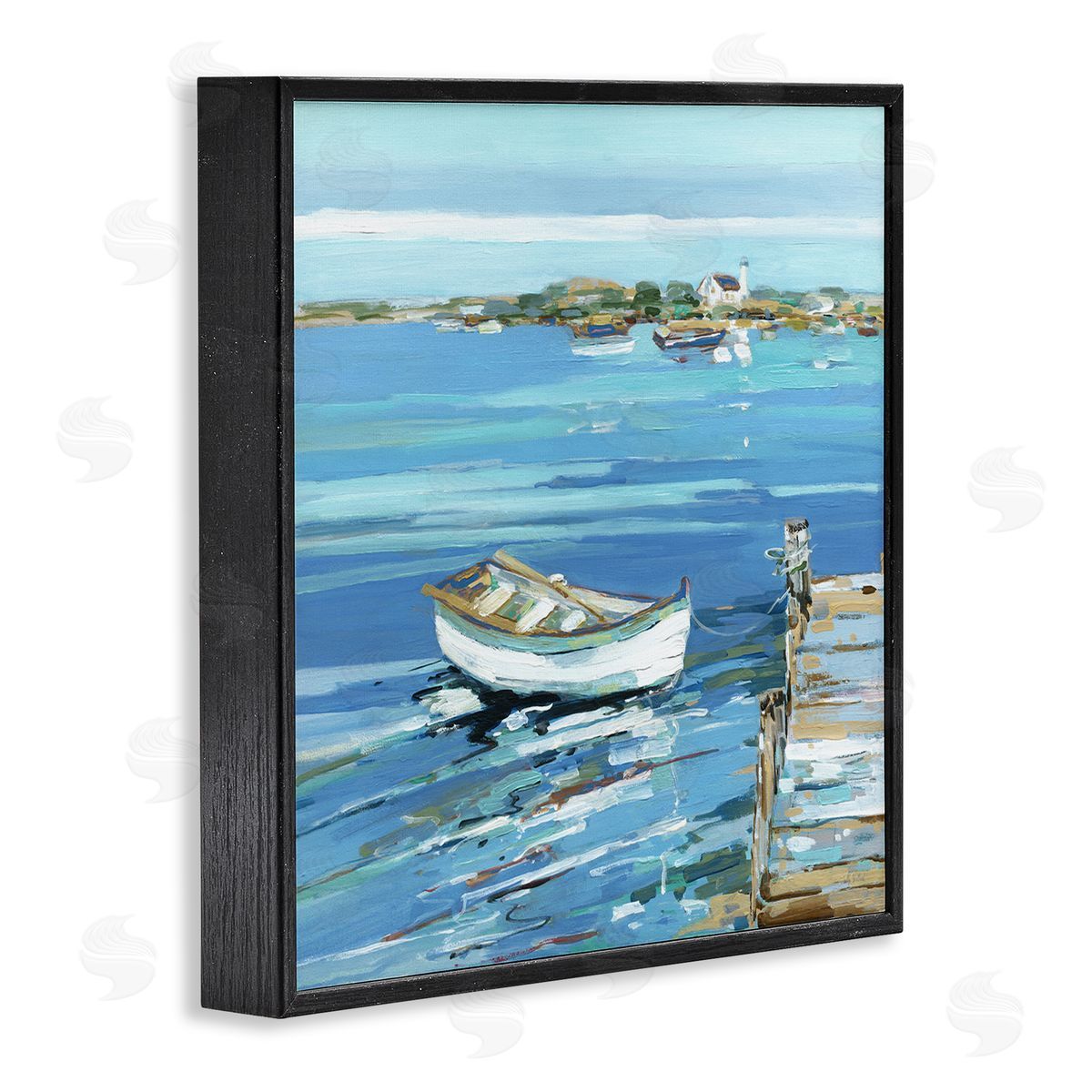 Sally Swatland Docked Dinghy Lake Scenery Black Framed Glicee Wall Art Print