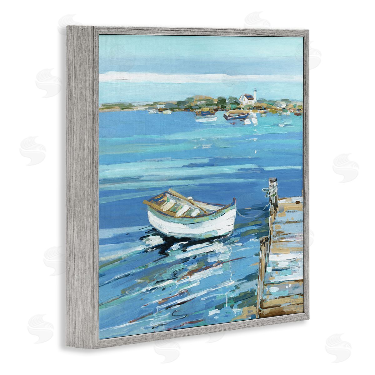 Sally Swatland Docked Dinghy Lake Scenery Gray Framed Glicee Wall Art Print
