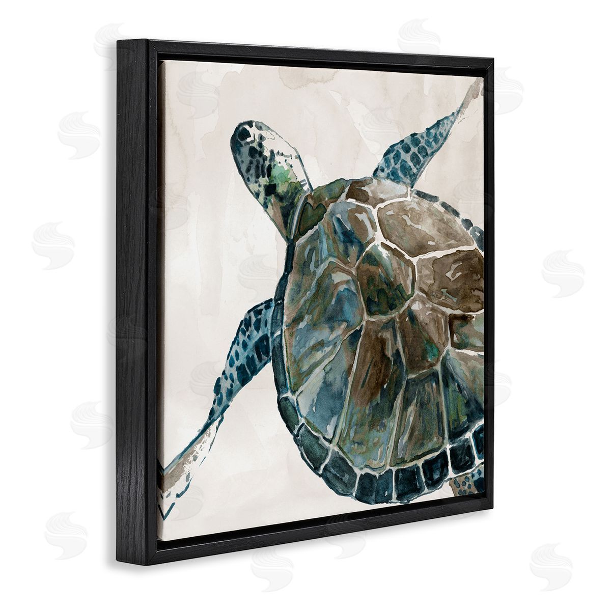 Carol Robinson Beige Sea Turtle Swimming  Black Floating Frame Canvas Wall Art Print