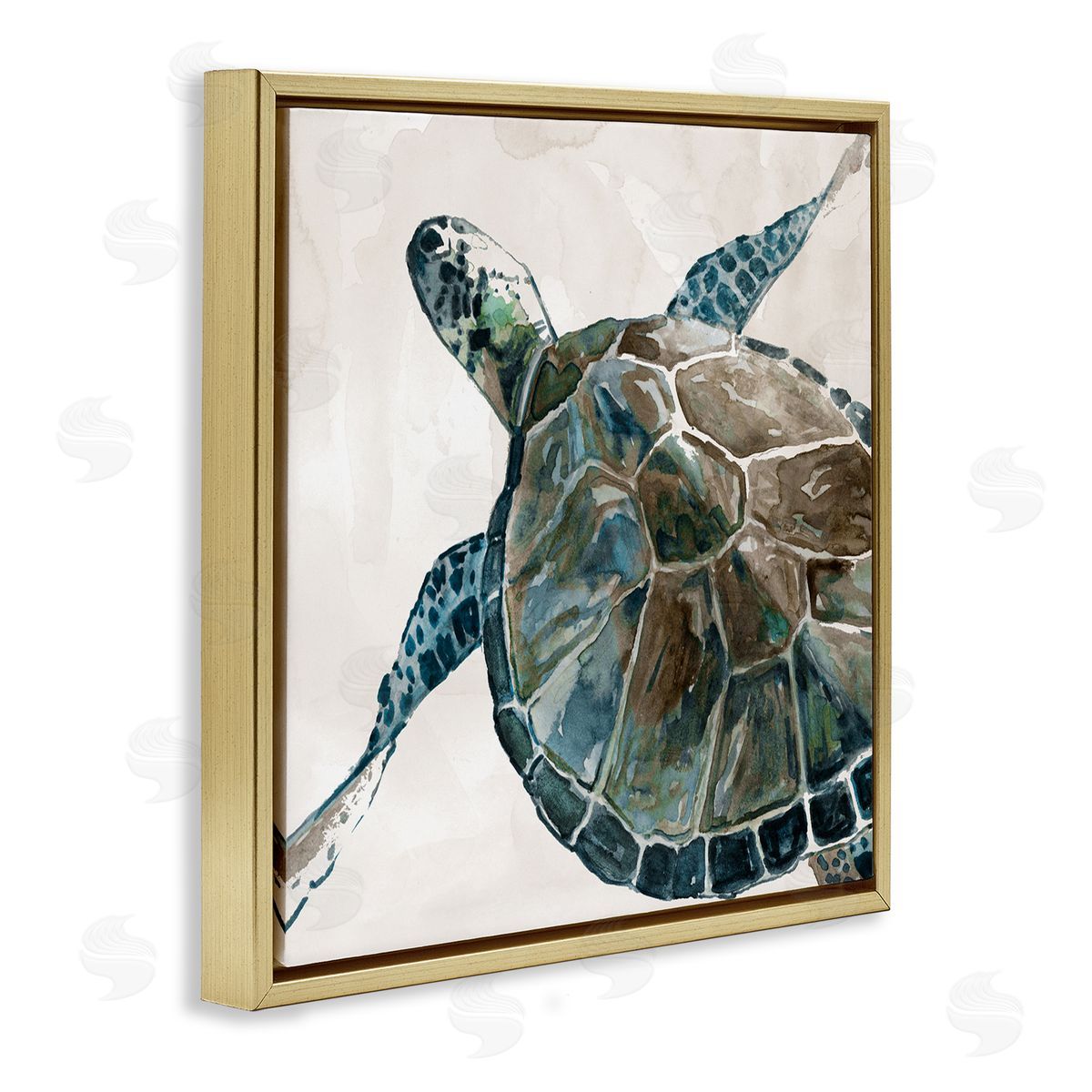 Carol Robinson Beige Sea Turtle Swimming  Gold Floating Frame Canvas Wall Art Print