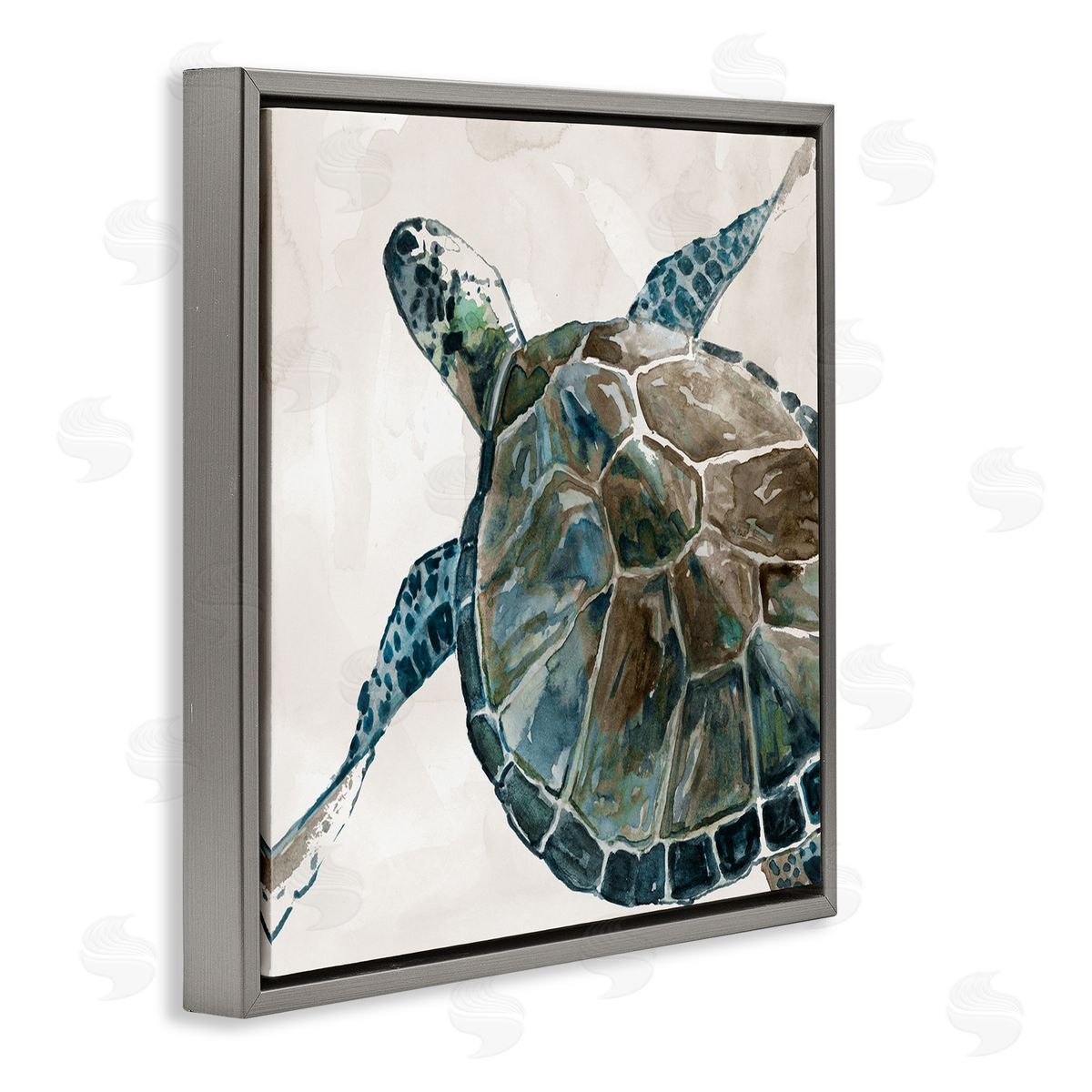 Carol Robinson Beige Sea Turtle Swimming  Gray Floating Frame Canvas Wall Art Print