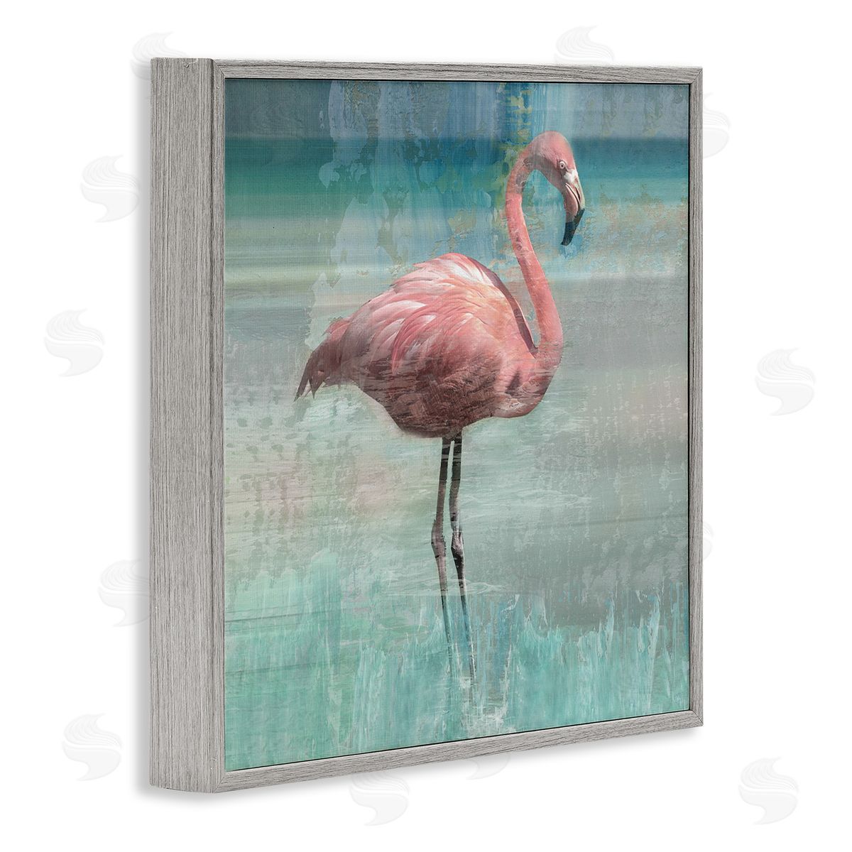 Layered Flamingo Bird Portrait Grey Frame Print Wall Art, Home Decor by Nan