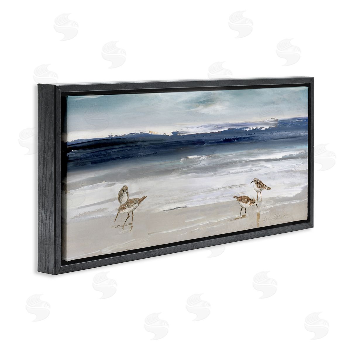 Sandpipers Grazing Sea Shore Black Floating Frame Canvas Wall Art, Home Decor by Sally Swatland