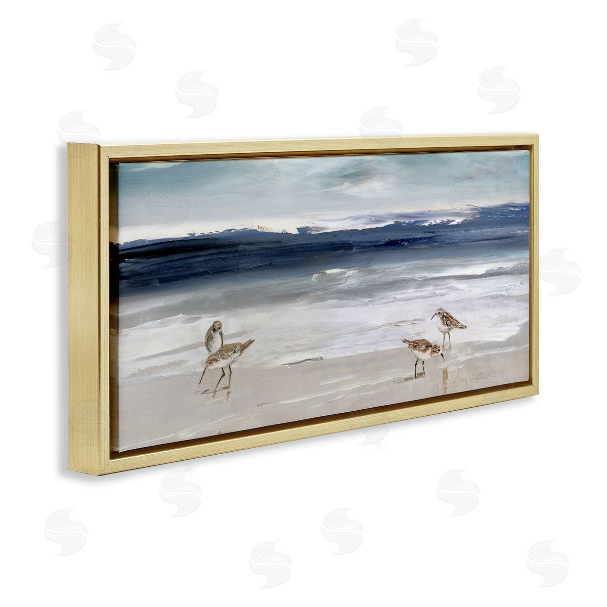 Sandpipers Grazing Sea Shore Gold Floating Frame Canvas Wall Art, Home Decor by Sally Swatland