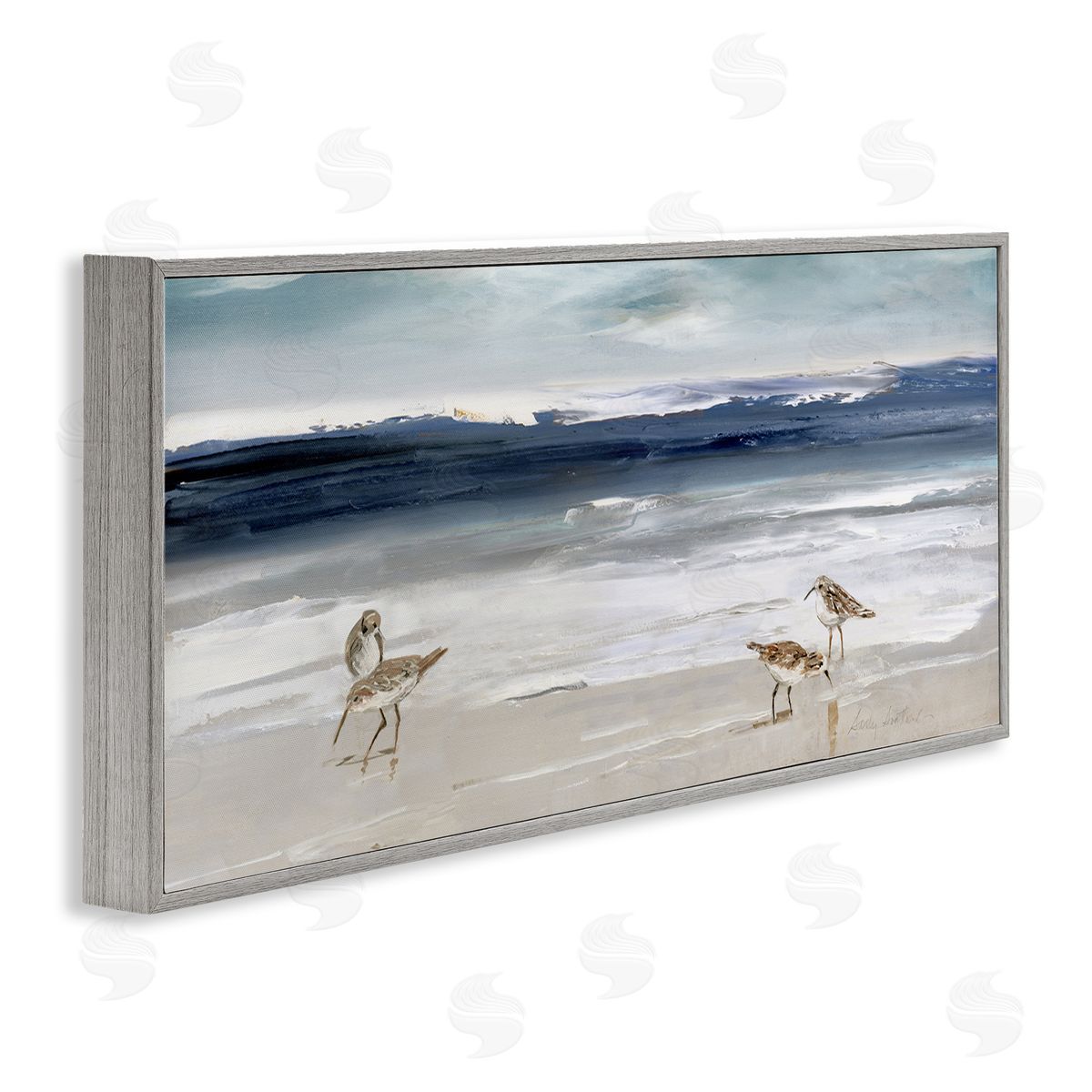 Sandpipers Grazing Sea Shore Grey Frame Print Wall Art, Home Decor by Sally Swatland