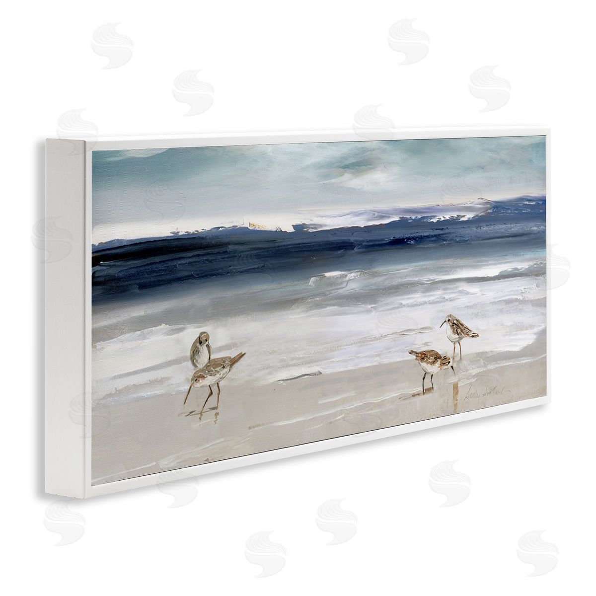 Sandpipers Grazing Sea Shore White Frame Print Wall Art, Home Decor by Sally Swatland