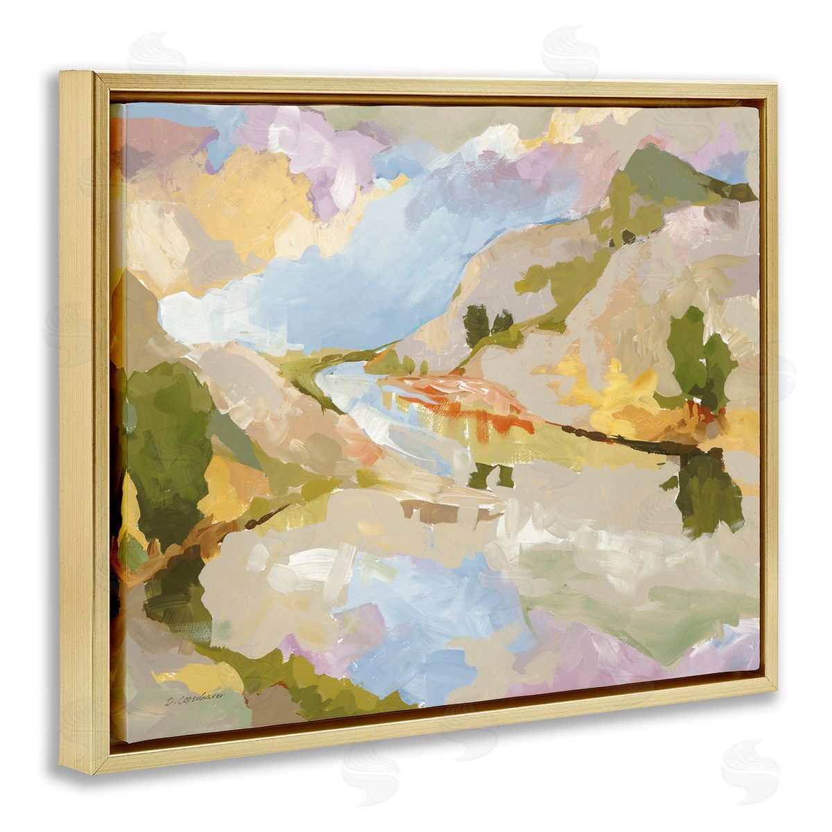 Abstract Mountain Reflection Painting Gold Floating Frame Canvas Wall Art, Home Decor by Trevor Copenhaver