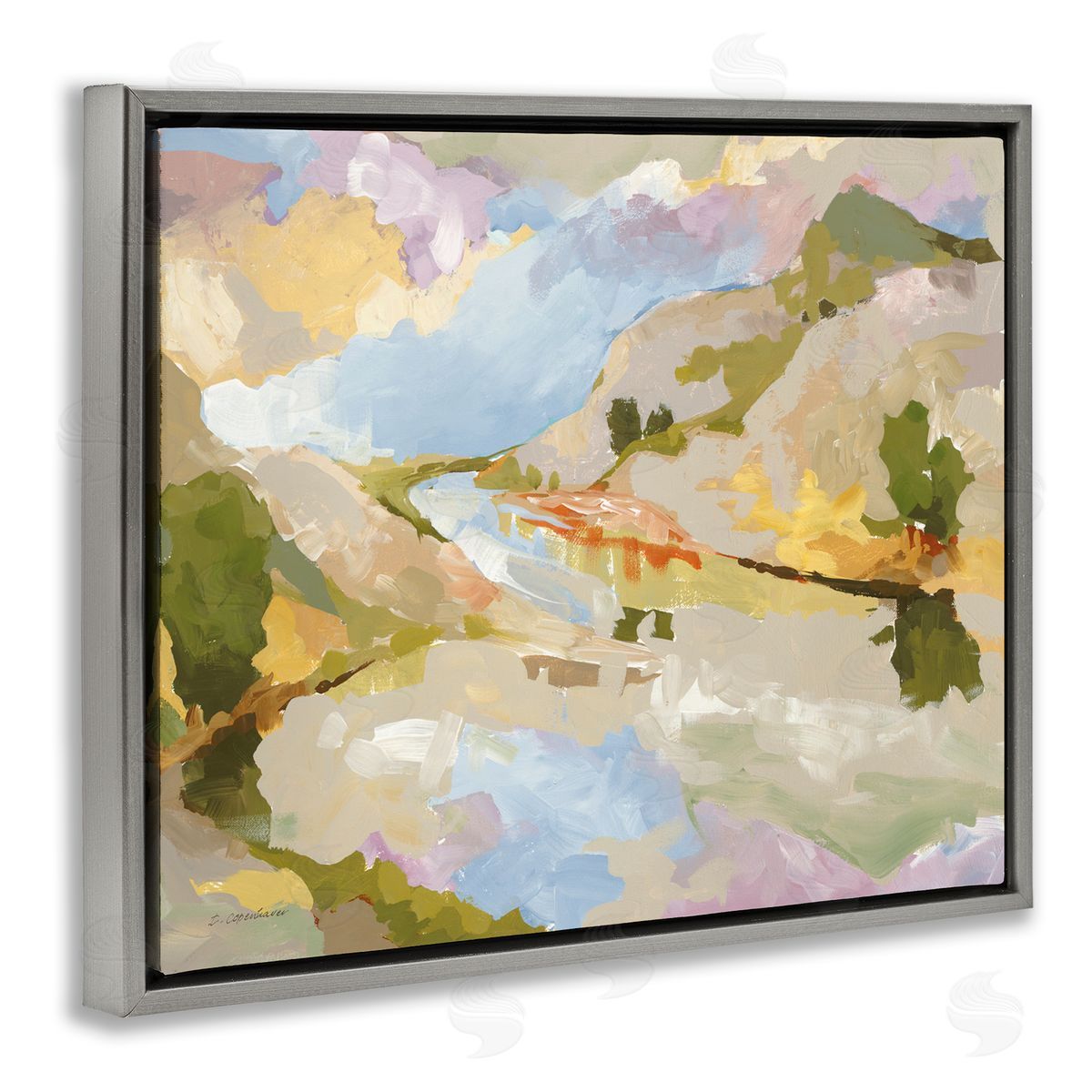 Abstract Mountain Reflection Painting Grey Floating Frame Canvas Wall Art, Home Decor by Trevor Copenhaver