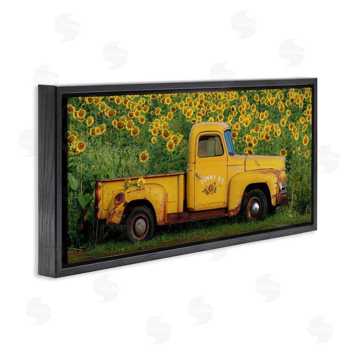 Yellow Pickup in Sunflower Field Black Floating Frame Canvas Wall Art, Home Decor by Carrie Ann Grippo-Pike