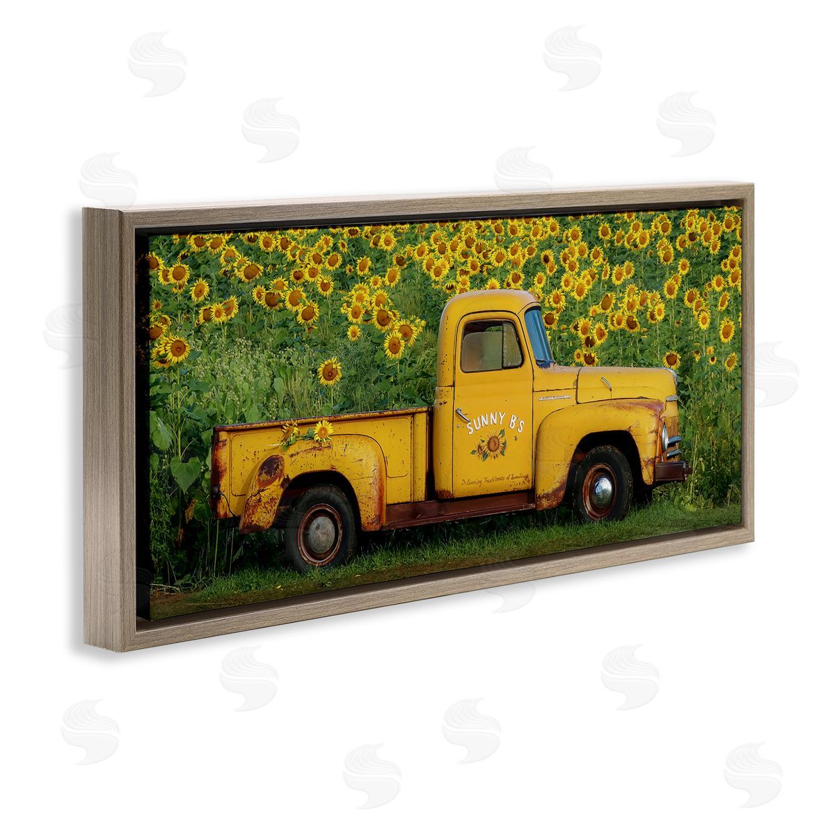 Yellow Pickup in Sunflower Field Brown Floating Frame Canvas Wall Art, Home Decor by Carrie Ann Grippo-Pike