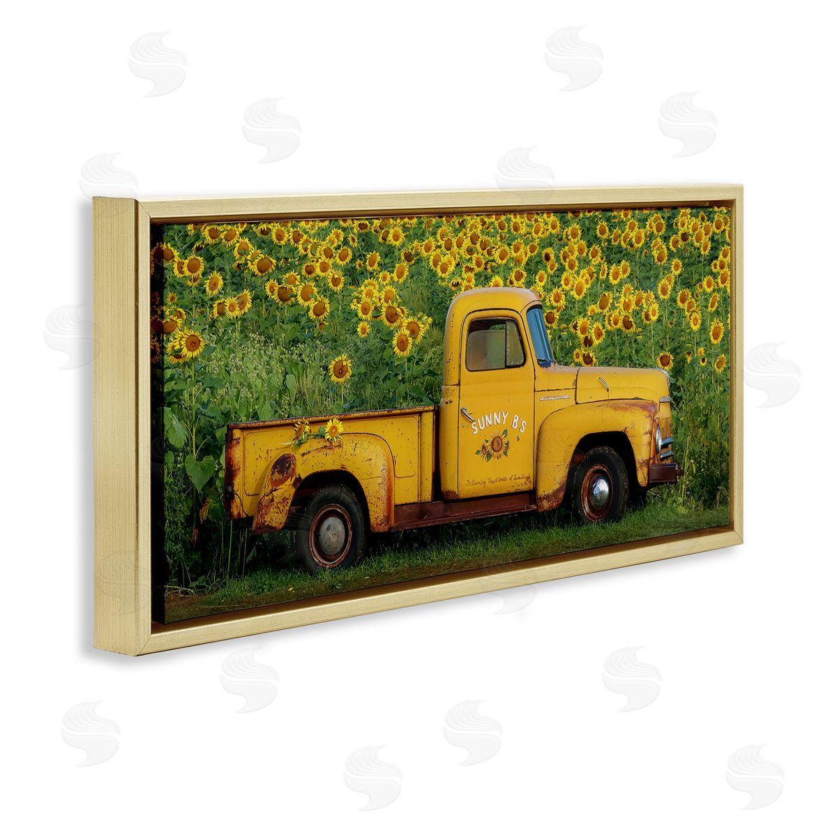 Yellow Pickup in Sunflower Field Gold Floating Frame Canvas Wall Art, Home Decor by Carrie Ann Grippo-Pike