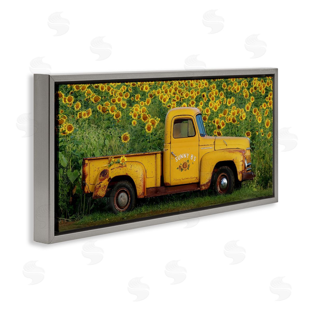Yellow Pickup in Sunflower Field Grey Floating Frame Canvas Wall Art, Home Decor by Carrie Ann Grippo-Pike