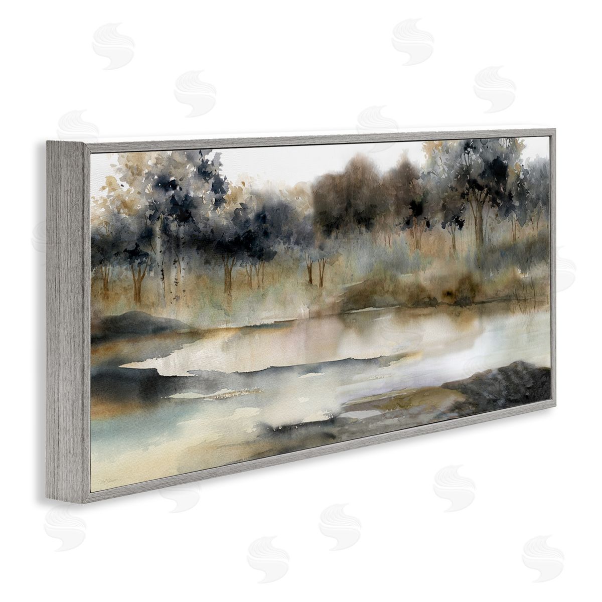 Trees By Lakeside Landscape Grey Frame Print Wall Art, Home Decor by Carol Robinson