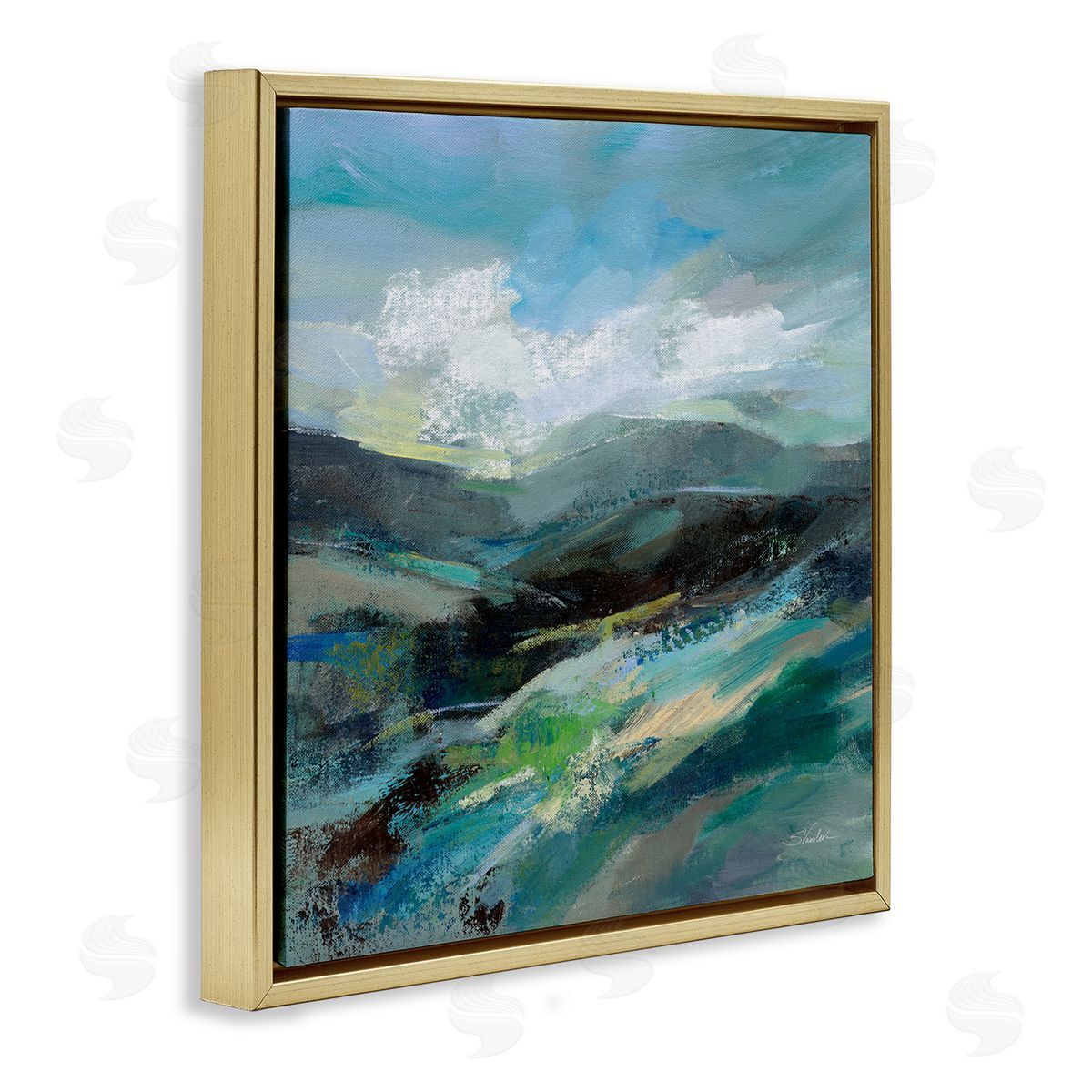 Silvia Vassileva Abstract Layered Mountain Scene Gold Floating Frame Canvas Wall Art Print