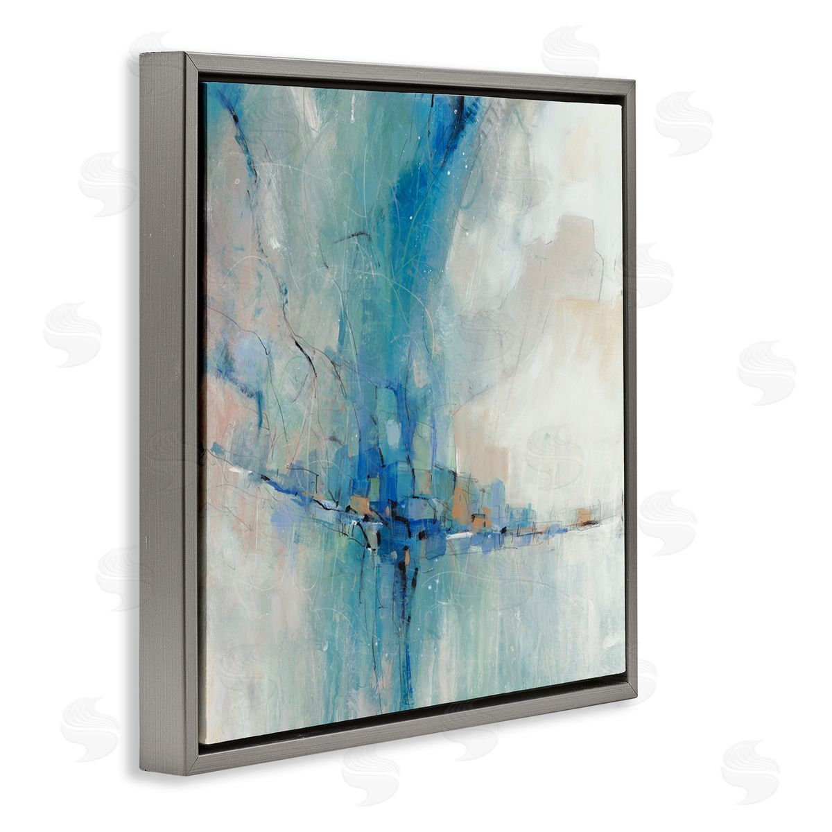 Tim O'Toole Abstract Blue Square Shapes  Gray Floating Frame Canvas Wall Art Print
