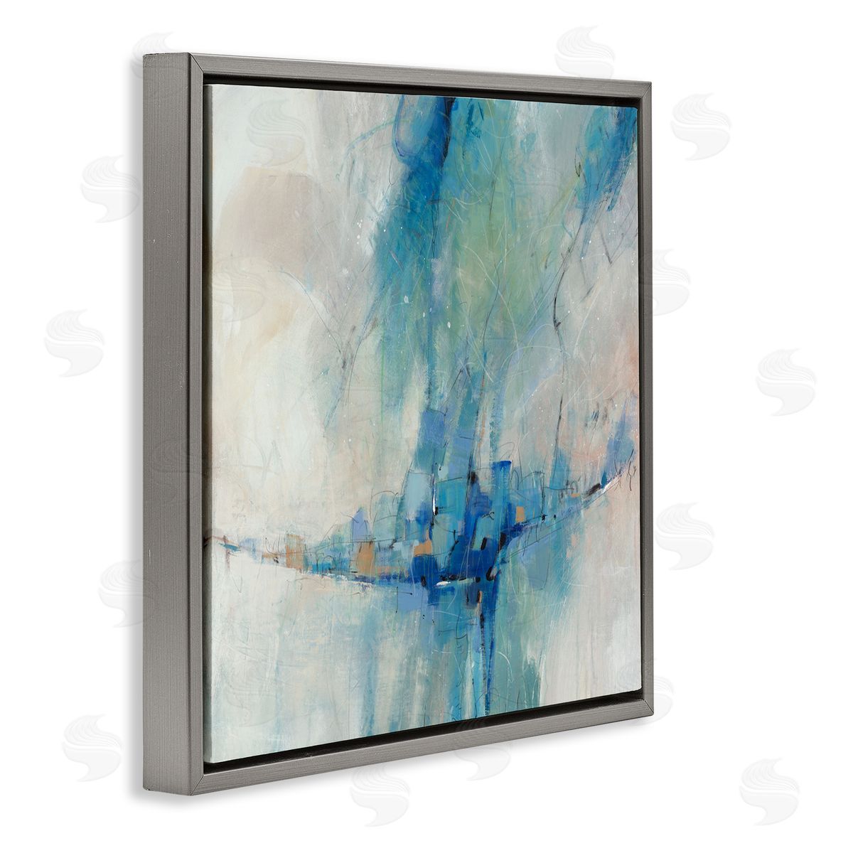Tim O'Toole Modern Blue Shapes Gathered  Gray Floating Frame Canvas Wall Art Print