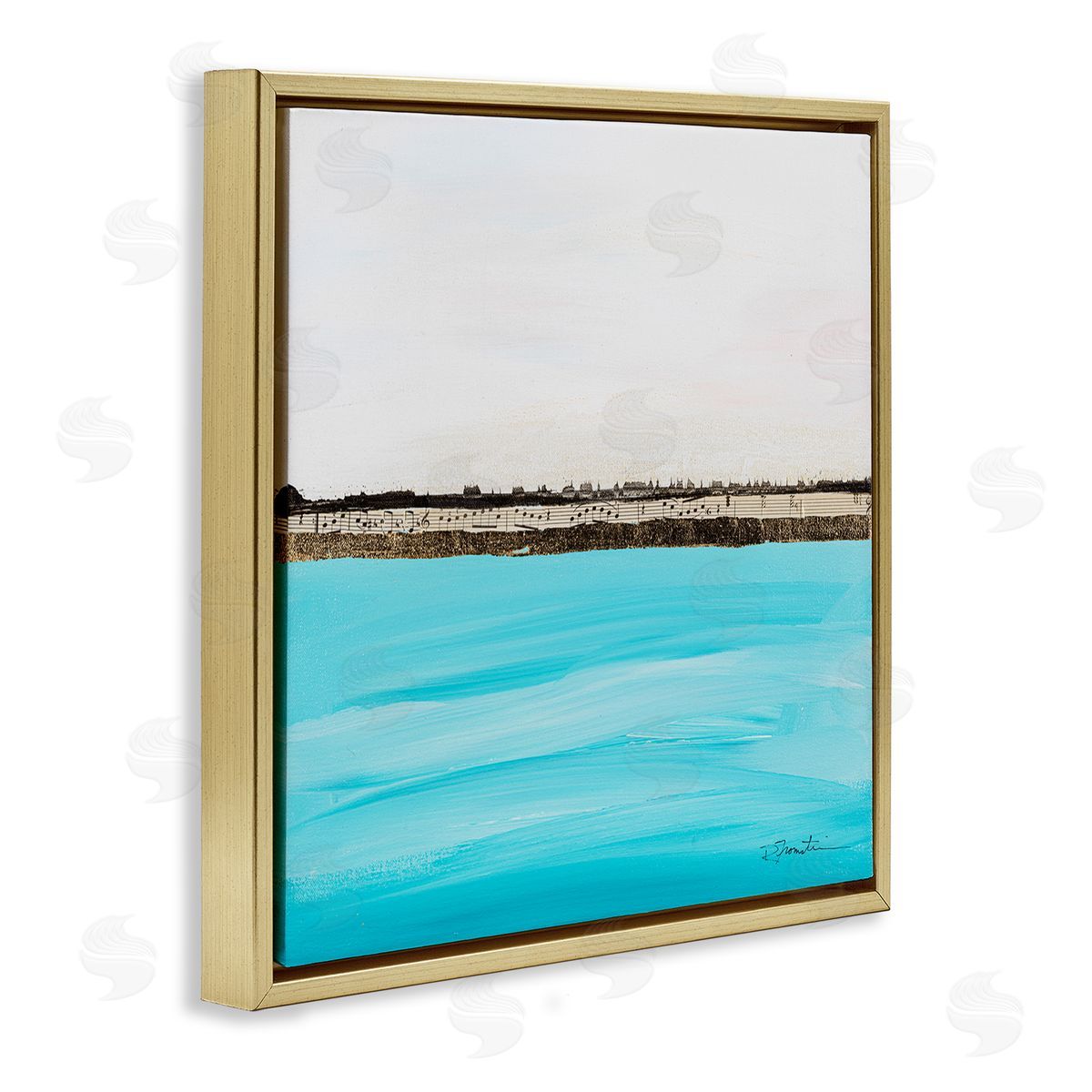 Ruth Fromstein Modern Landscape Music Notes Collage Gold Floating Frame Canvas Wall Art Print