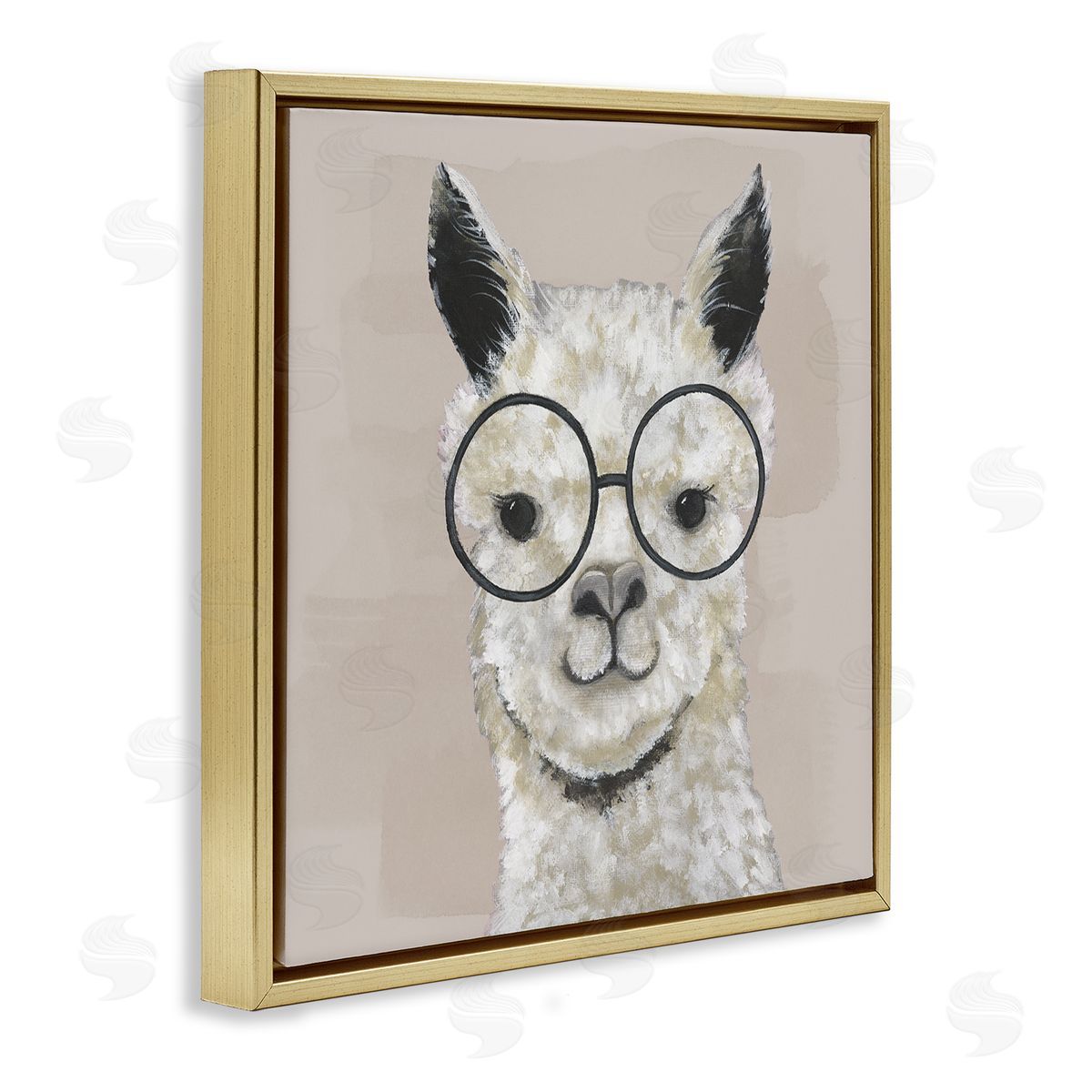 Happy Alpaca Glasses Portrait Gold Floating Frame Canvas Wall Art, Home Decor by Tava Studios