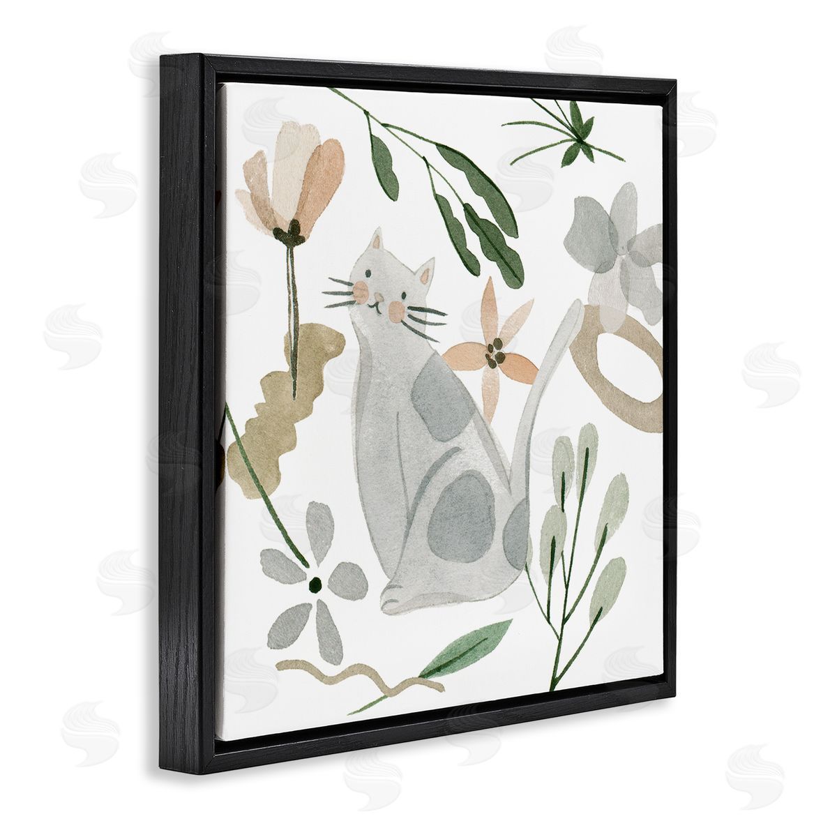 Melissa Wang Mixed Herbs Whimsical Cat Black Floating Frame Canvas Wall Art Print