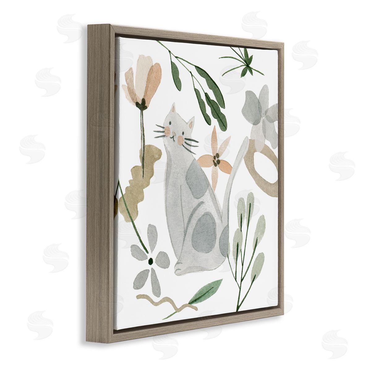 Melissa Wang Mixed Herbs Whimsical Cat Brown Floating Frame Canvas Wall Art Print