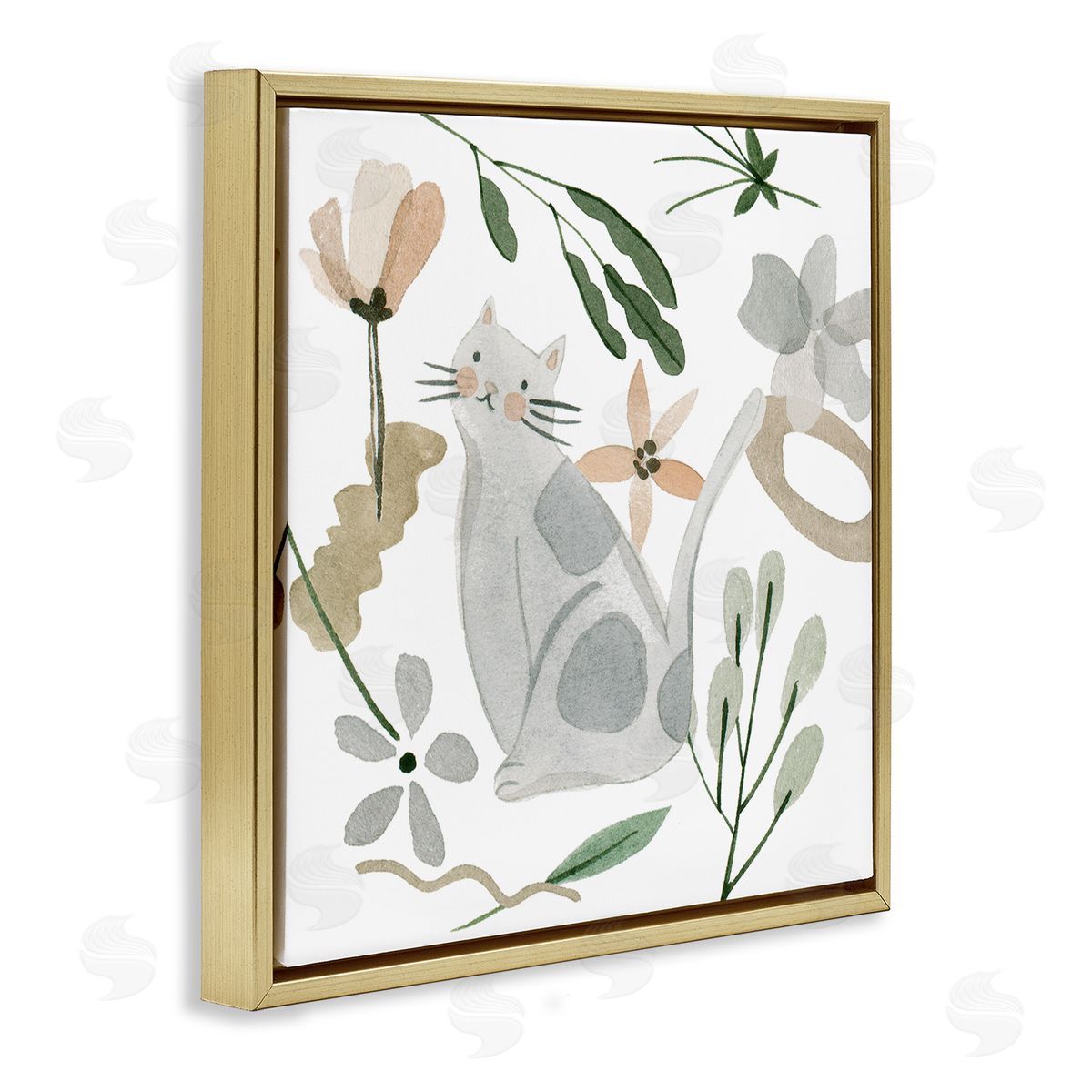 Melissa Wang Mixed Herbs Whimsical Cat Gold Floating Frame Canvas Wall Art Print