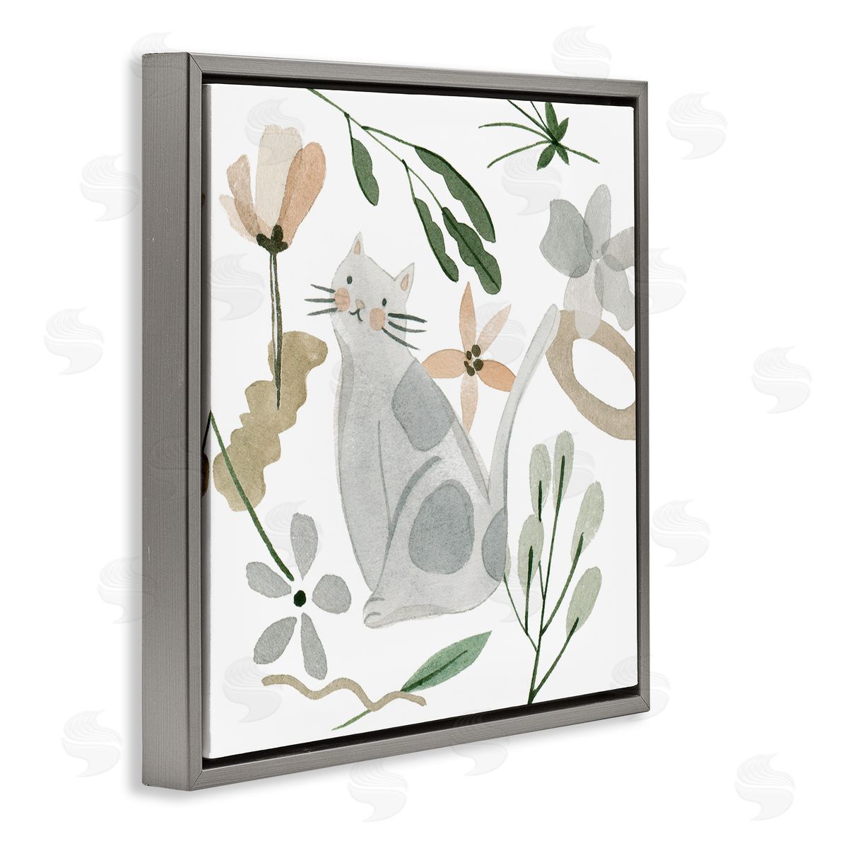 Melissa Wang Mixed Herbs Whimsical Cat Gray Floating Frame Canvas Wall Art Print