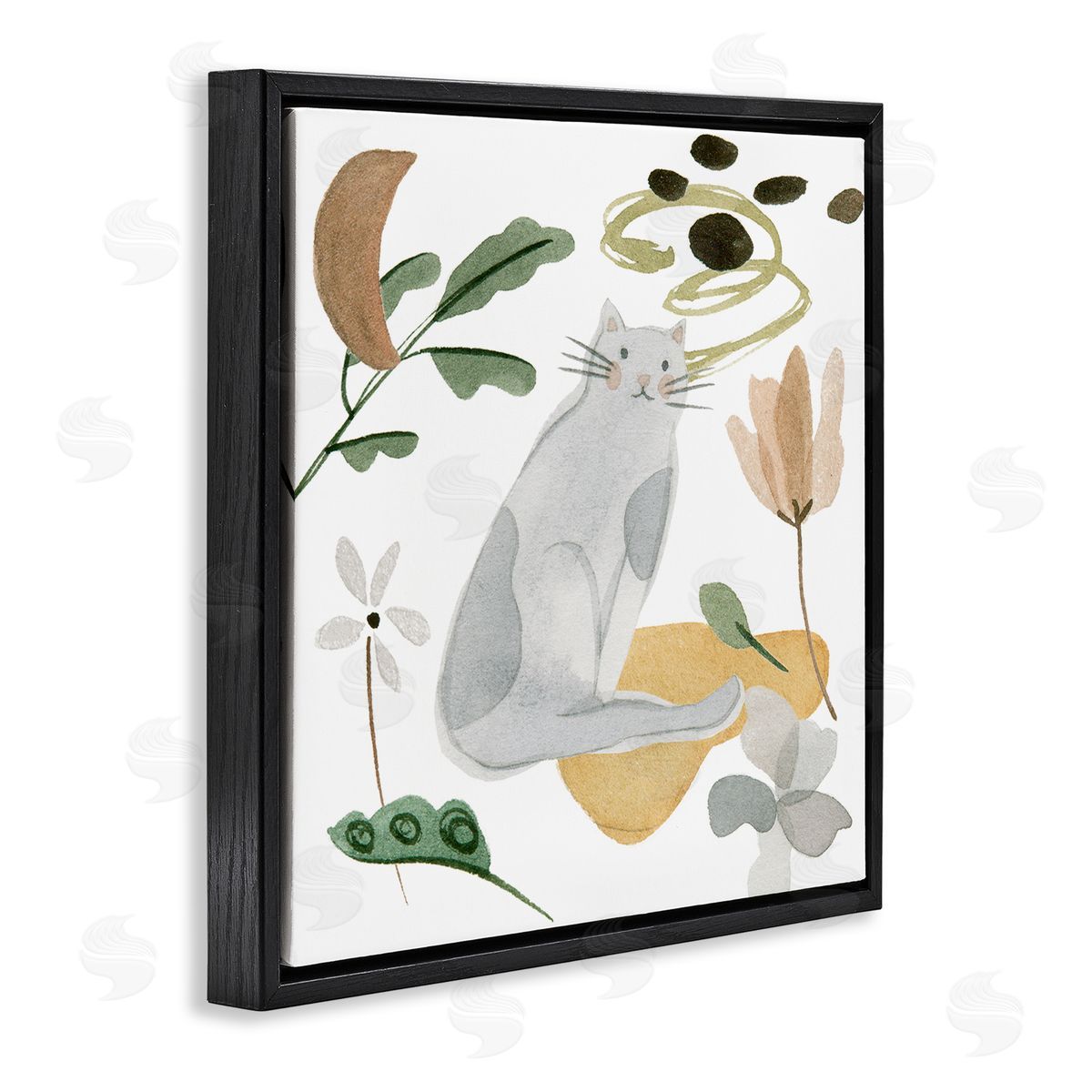 Melissa Wang Floral Happy Cat Botanicals Black Floating Frame Canvas Wall Art Print