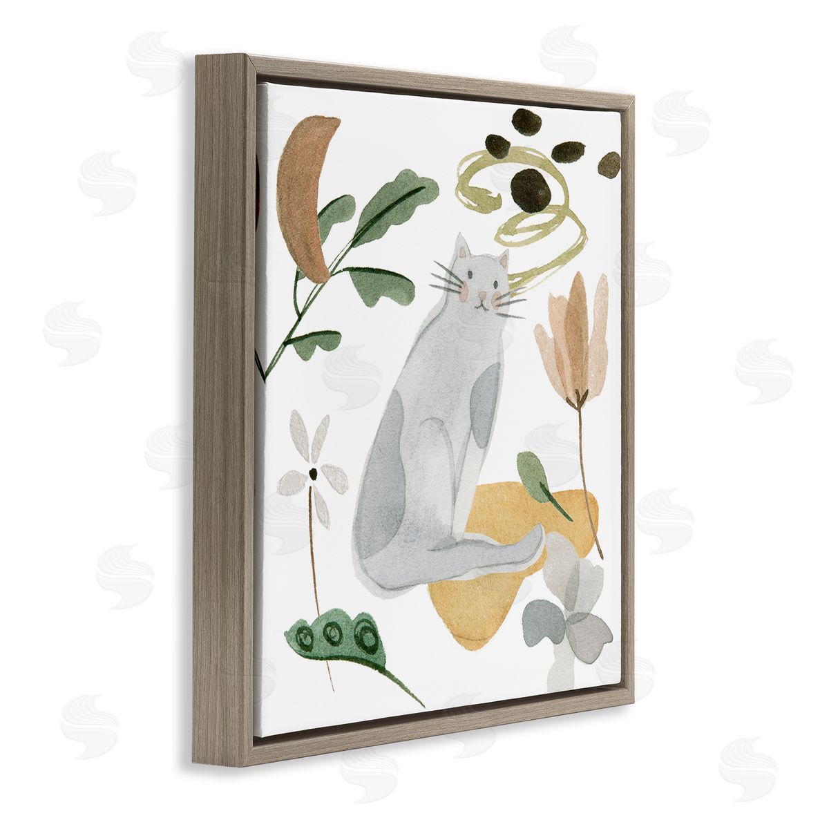 Melissa Wang Floral Happy Cat Botanicals Brown Floating Frame Canvas Wall Art Print