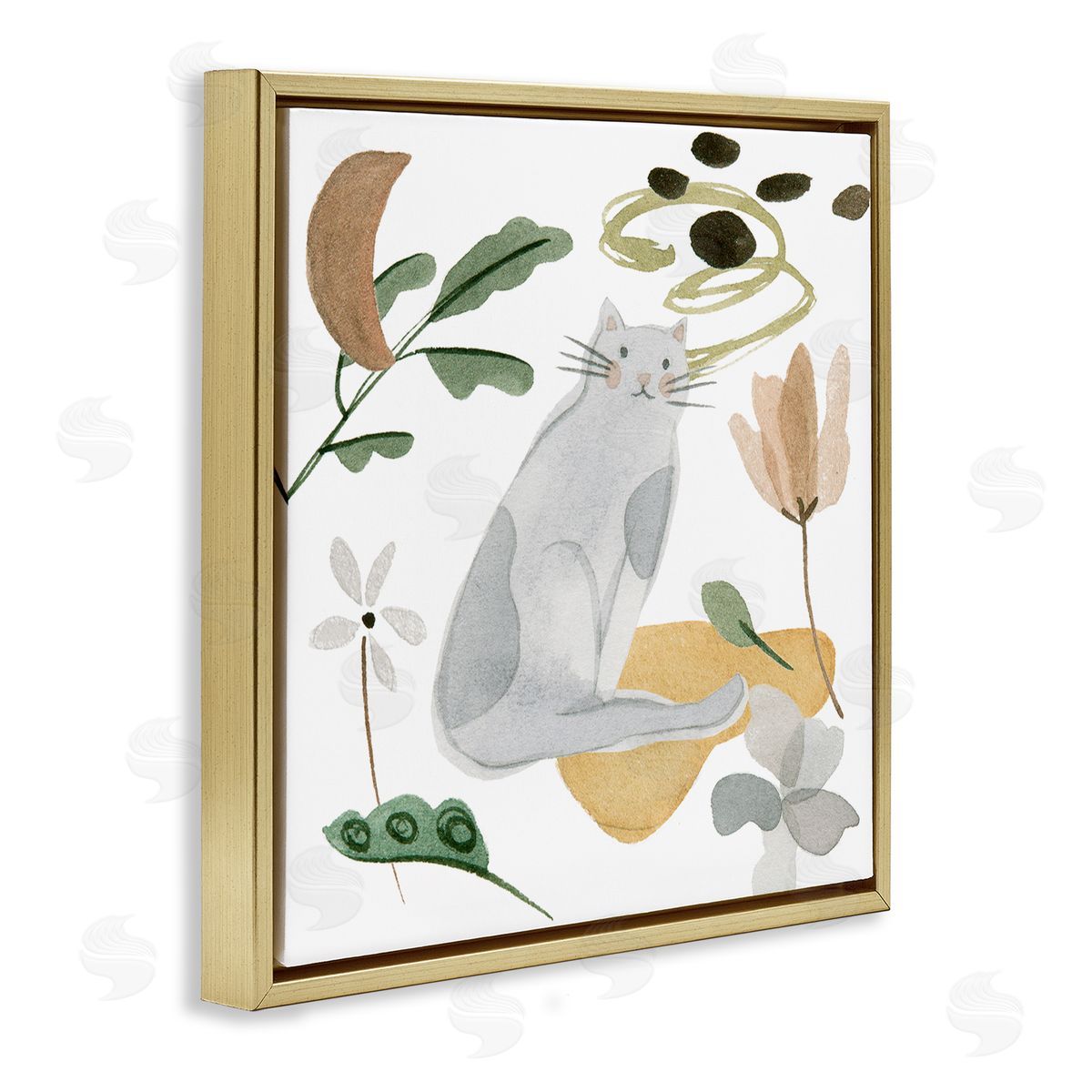 Melissa Wang Floral Happy Cat Botanicals Gold Floating Frame Canvas Wall Art Print
