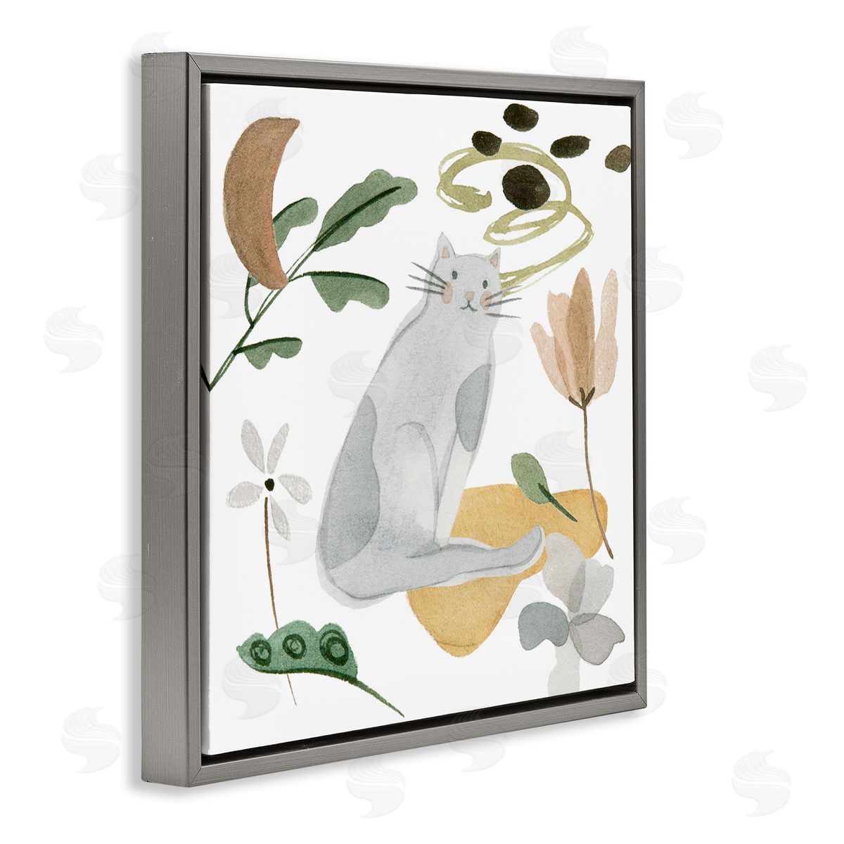 Melissa Wang Floral Happy Cat Botanicals Gray Floating Frame Canvas Wall Art Print